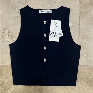 BRAND NEW NEVER WORN!! Zara Midnight Navy Sleeveless Buttoned Top